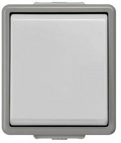 Ein rechteckiger, grauer Lichtschalter in Nahaufnahme. Der Schalter hat eine leicht vertiefte Fläche und ist von einem Rahmen umgeben.
