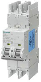Siemens Schutzschalter, 2-polig, 63A, 400V. Weißes Gehäuse mit blauen und grünen Etiketten. Schalterlade befindet sich oben.
