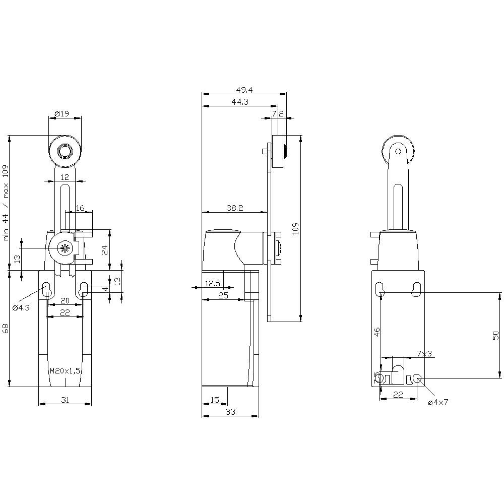 Technische Zeichnung eines mechanischen Hebels mit Maßen in Millimetern. Vorderansicht, Seitenansicht und Draufsicht sind abgebildet.