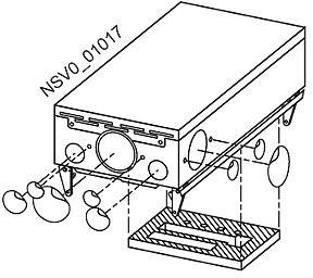 Technische Zeichnung eines rechteckigen Gehäuses mit abnehmbaren runden Abdeckungen und Befestigungsdetails, Modellnummer 'NSVO_01017'.