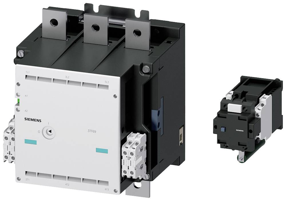 Zwei elektrische Schaltgeräte unterschiedlicher Größe; links größerer Leistungsschalter, rechts kleineres Kontaktor-Modul.
