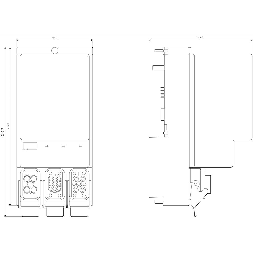 Front- und Seitenansicht eines elektronischen Geräts mit drei Anschlussmodulen unten. Maße: 110mm Breite, 150mm Tiefe, 254,5mm Höhe.