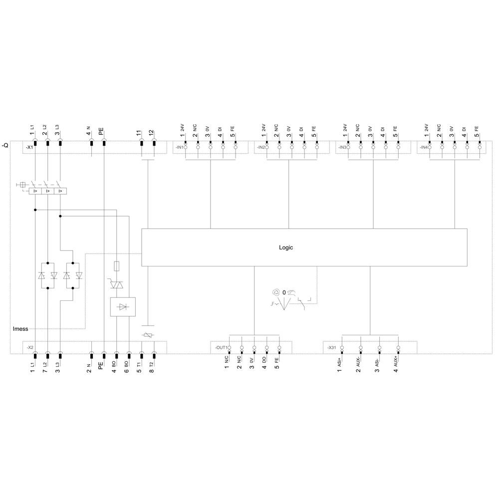 Schaltplan eines elektronischen Geräts mit beschrifteten Komponenten: Eingänge, Logikbereich, Ausgänge, Widerstände und Dioden.
