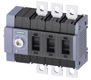 Elektrischer Lasttrennschalter der Marke Siemens, grau und schwarz, mit drei Schaltstellen und sechs Kontaktverbindungen.