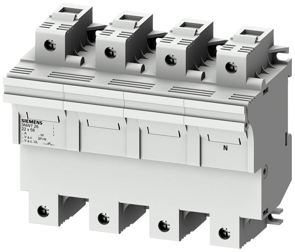 Ein Siemens-Schutzschalter, graues Gehäuse, dreipolig mit Neutralleiteranschluss, verwendet in elektrischen Verteilersystemen.