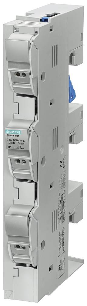 Grauer Siemens-Leistungsschalter, vertikal montiert. Beschriftungen und Blauelement sichtbar. Verwendet für Schutz elektrischer Anlagen.