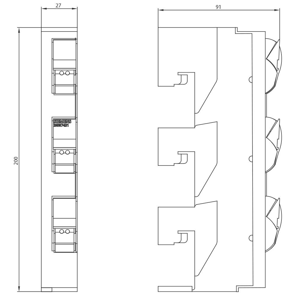 Technische Zeichnung eines elektrischen Bauteils mit Abmessungen: 200 mm Höhe, 27 mm Breite, 91 mm Tiefe, zeigt Innenansicht.
