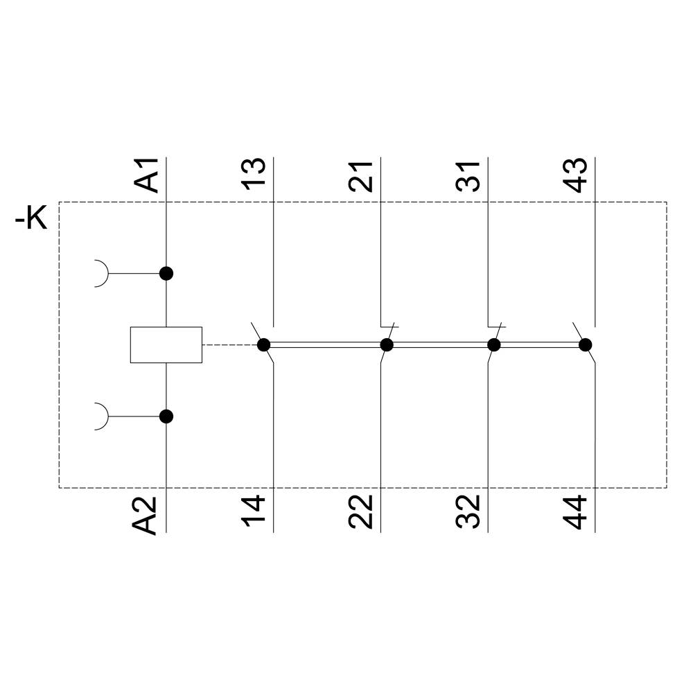 Diagramm eines elektrischen Schaltplans mit einer Reihe von Schaltpunkten. Zeigt Abzweigungen von Knoten A1 bis A2 und 13 bis 44.