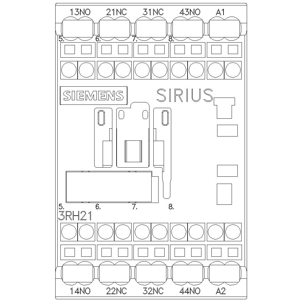Schaltplan einer Siemens SIRIUS Relaisbaugruppe, zeigt Kontakte und Anschlussnummern. Oben: 13NO bis 43NC, unten: 14NO bis 44NO.