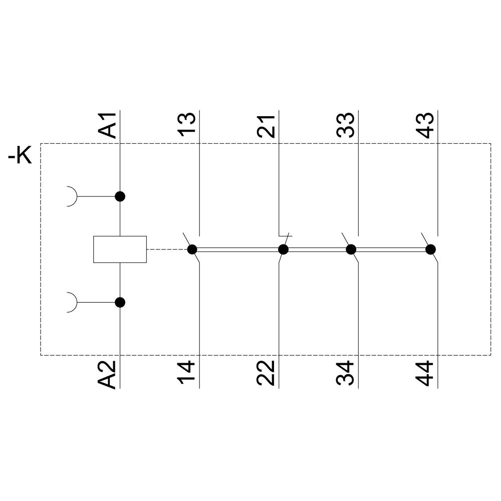 Elektroschaltplan: Relais -K mit Anschlüssen an A1, A2. Layout zeigt Verbindungspunkte 13/14, 21/22, 33/34, 43/44.