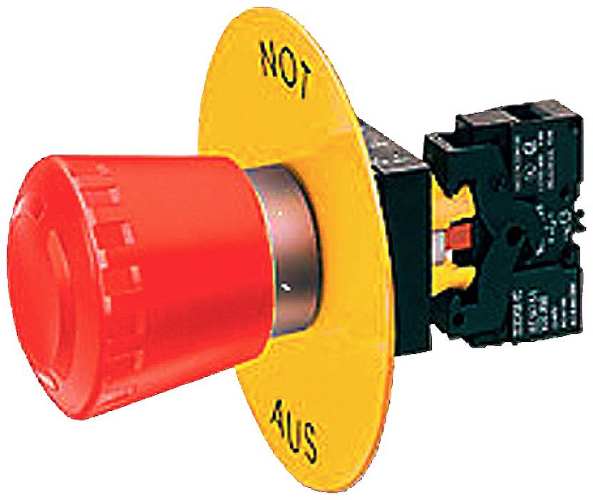 Roter Not-Aus-Knopf auf gelbem Hintergrund, gekennzeichnet mit 'NOT AUS'. Sicherheitselement zur schnellen Maschinenabschaltung.