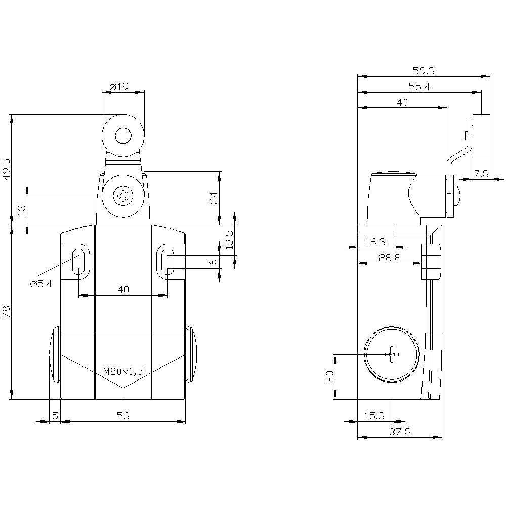 Technische Zeichnung eines mechanischen Teils mit detaillierten Maßen in Millimetern. Enthält Vorder- und Seitenansicht der Komponente.