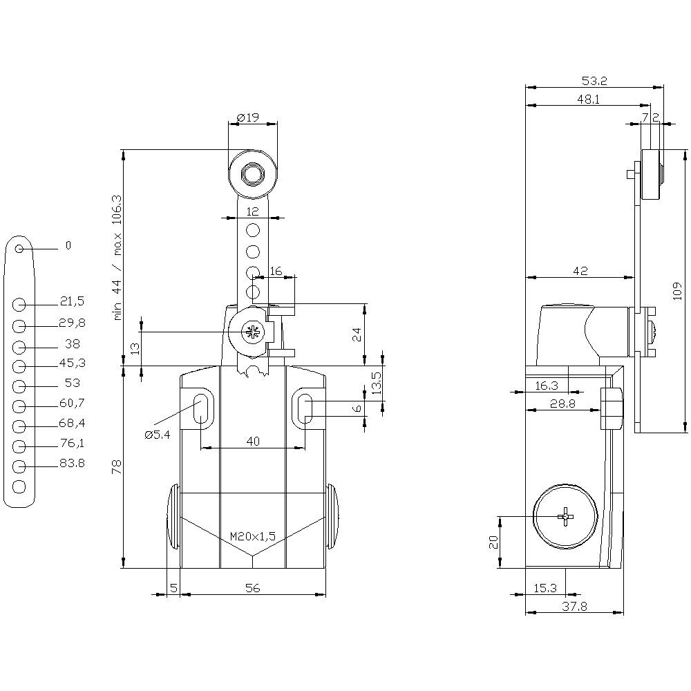 Technische Zeichnung eines mechanischen Bauteils mit detaillierten Maßen und Spezifikationen, einschließlich Bohrlochgrößen und Abstände.