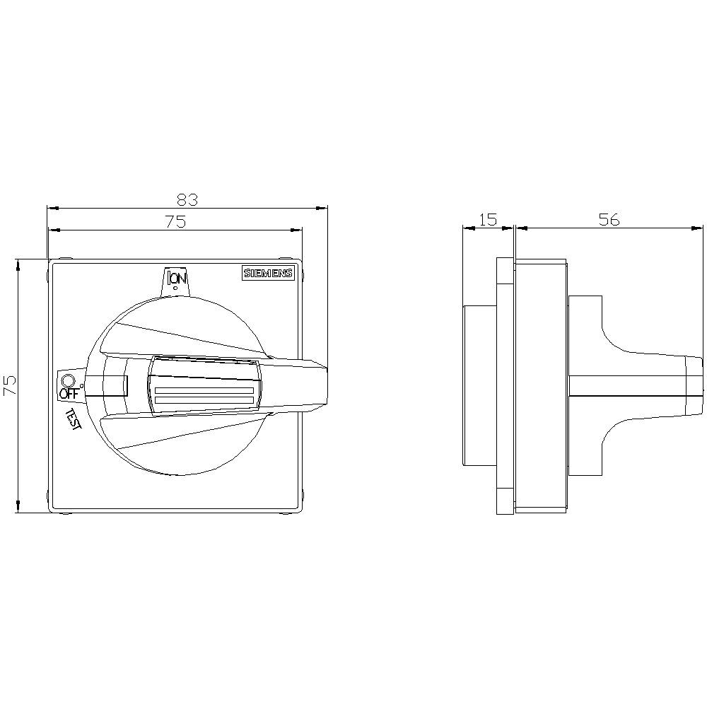 Technische Zeichnung eines Schalters mit ON/OFF-Position. Maße: 75x75 mm, Tiefe 56 mm. Zeigt Seiten- und Frontalansicht.
