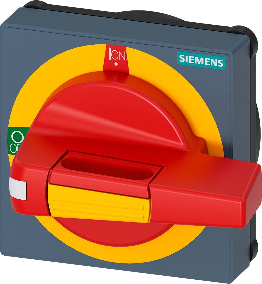 Ein roter Hauptschalter mit gelb-rotem Ring, auf dem 'ON' und 'OFF' steht. Oben rechts befindet sich ein Siemens-Logo.