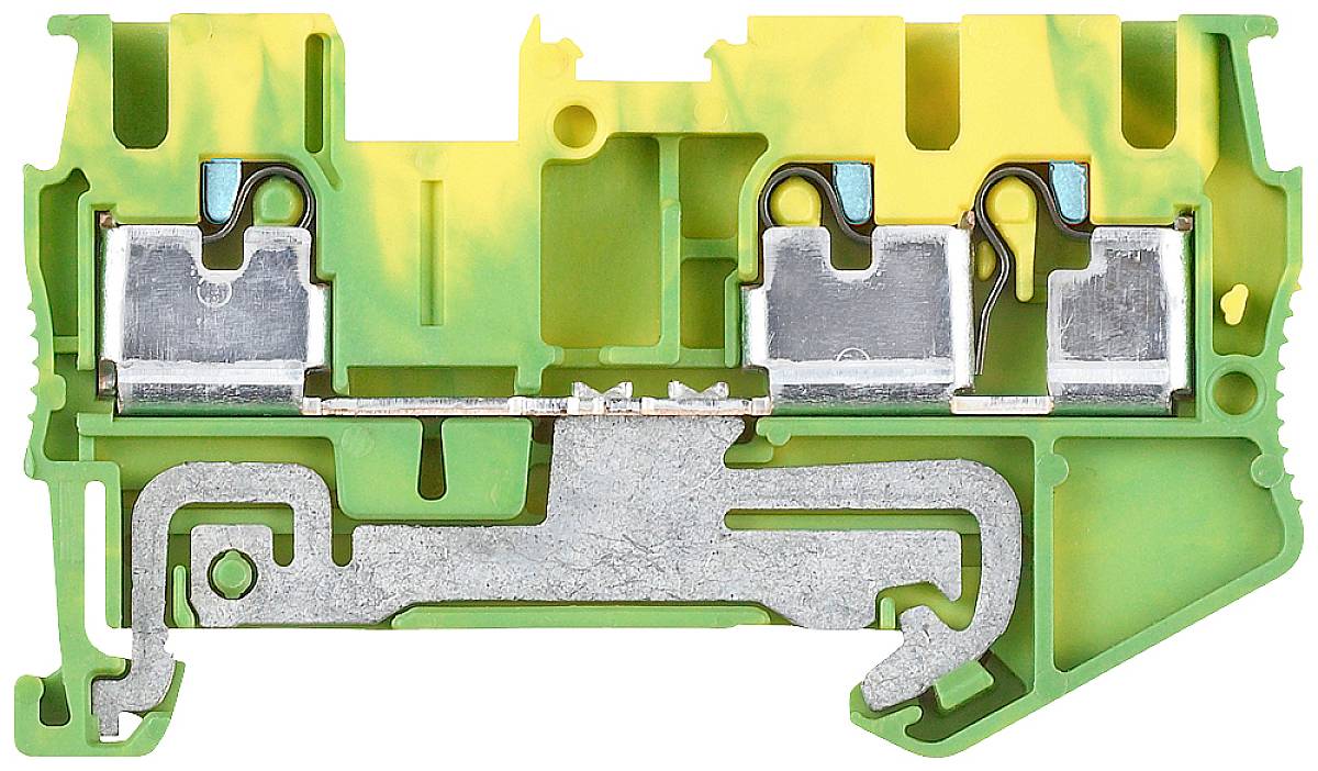 Querschnitt eines grün-gelben elektrischen Klemmenanschlusses, zeigt interne Metallverbindungen und Montagepunkte für Kabel.