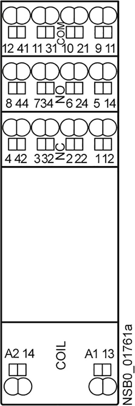 Diagramm eines elektrischen Schaltplans mit symbolischen Darstellungen von Kontakten und Spulen, einschließlich Beschriftungen wie 12, 41, COM.