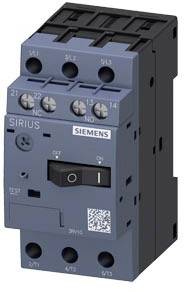 Siemens SIRIUS Schütz mit schwarzem Ein/Aus-Schalter, drei Pole oben und unten, bezeichnete Anschlüsse. Dunkelgraues Gehäuse.