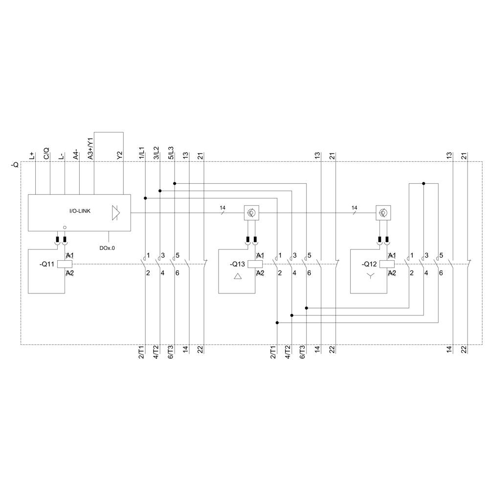 Schaltplan mit einem IO-Link-Modul, das mit mehreren Komponenten, darunter Relais Q11, Q12 und Q13, verbunden ist. Detaillierte Leitungsverbindungen.
