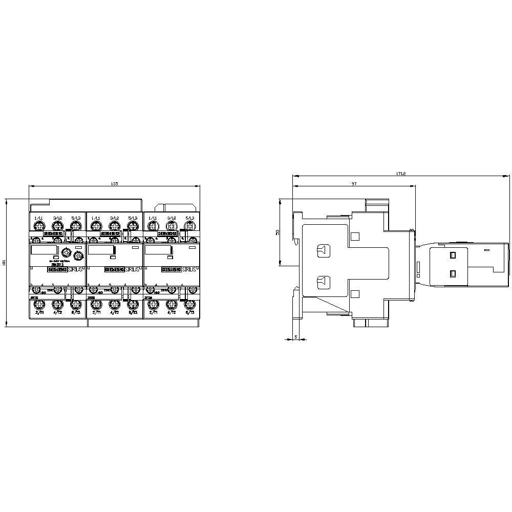 Technische Zeichnung eines Relaismoduls mit Abmessungen und Anschlussdetails. Links: Vorderansicht, rechts: Seitenansicht.