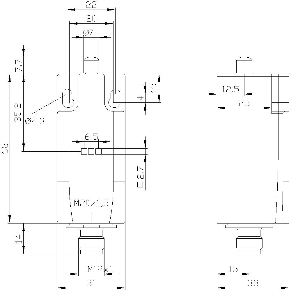 Technische Zeichnung eines Zylinders mit Maßen: Höhe 68 mm, Breite 31 mm, M20x1,5 Gewinde, verschiedene Durchmesser und Abstände markiert.