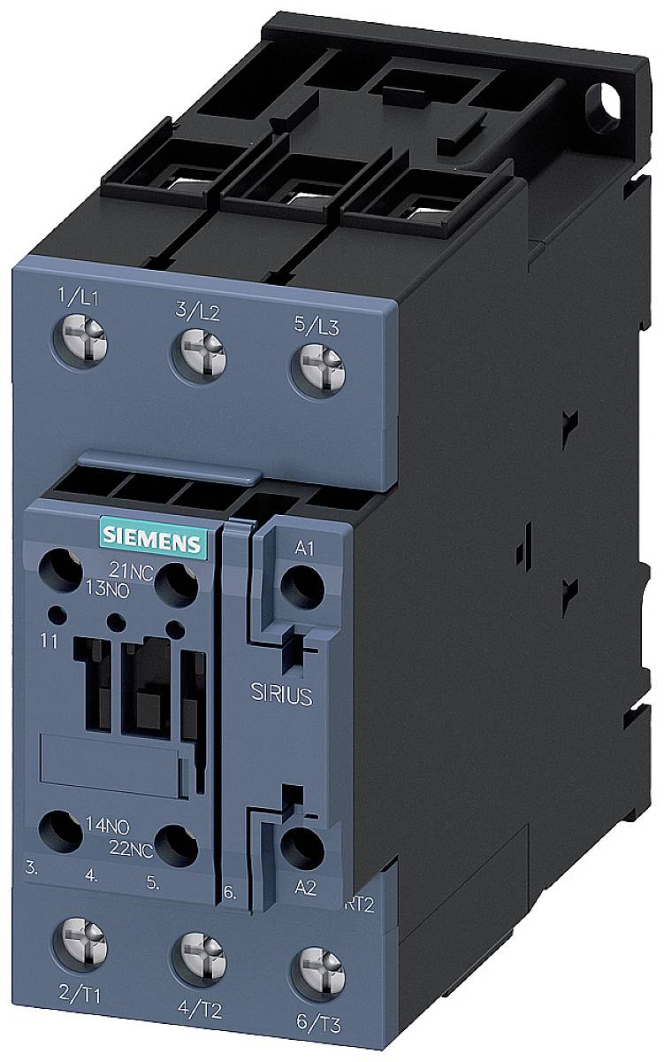 Ein schwarzer elektrischer Schütz der Marke Siemens für industrielle Anwendungen, mit blauer Front und mehreren Anschlussklemmen.