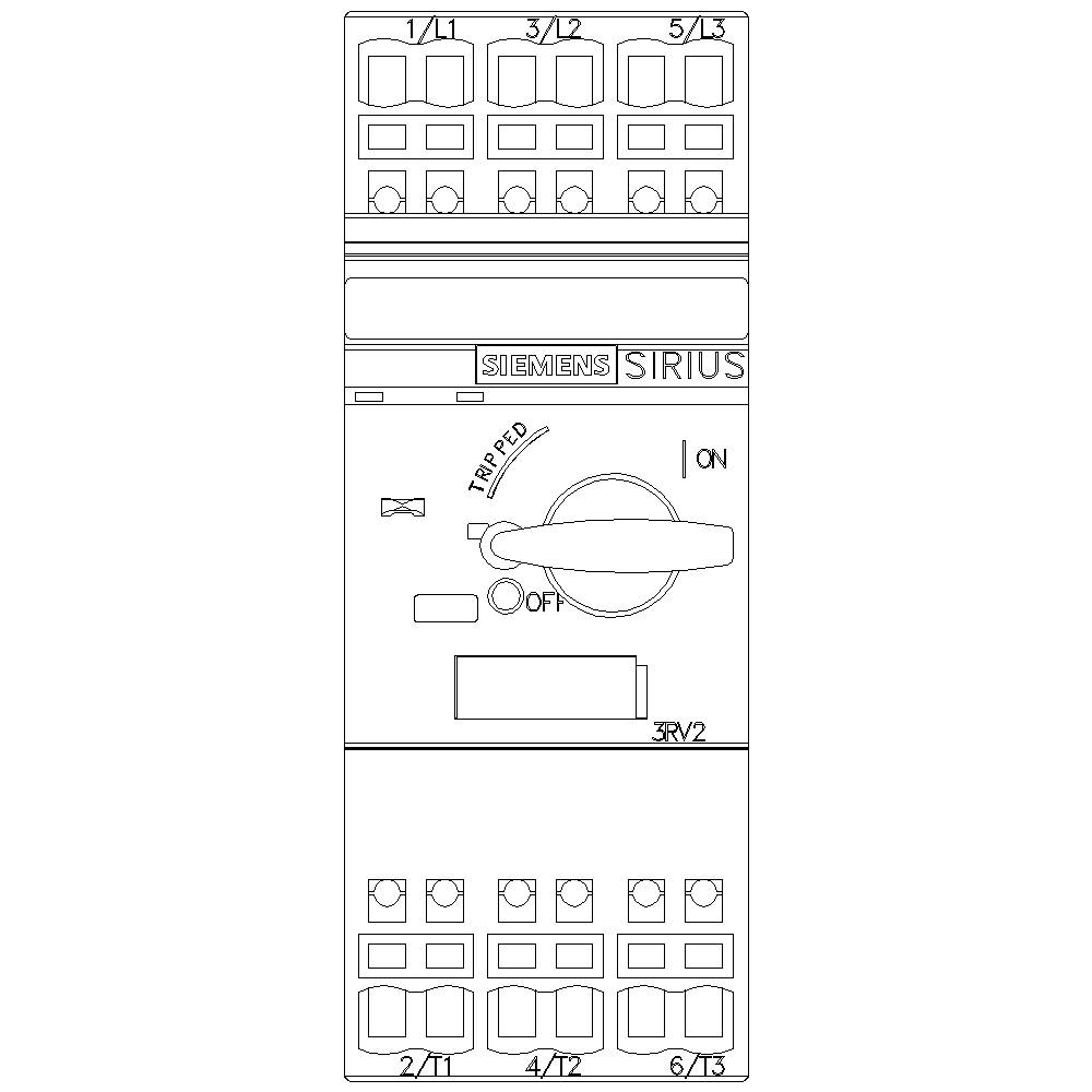 Leistungsschalter mit Drehhebel in der 'ON', 'OFF' und 'TRIPPED' Position, Marke 'Siemens Sirius', umgeben von Anschlussklemmen.