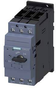 Ein elektrischer Schütz mit schwarzem Gehäuse. Er hat mehrere Anschlüsse und einen Kippschalter in der Mitte. Markiert mit 'Siemens'.