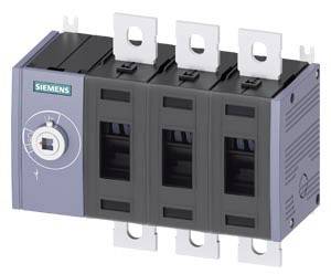 Ein grauer elektrischer Schalter von Siemens mit drei schwarzen Schaltsegmenten und Metallanschlüssen, geeignet für industrielle Anwendungen.