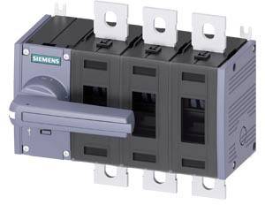 Ein elektrischer Schalter von Siemens mit vier schwarzen Kippschaltern und einem grauen Hebel, angrenzend an Metallkontakte.