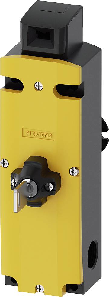 Schwarze und gelbe Sicherheitsvorrichtung mit Drehschalter und Schlüsselöffnung, vermutlich verwendet für industrielle Steuerungsanwendungen.