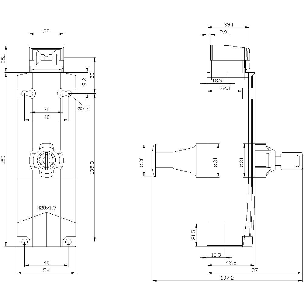 Technische Zeichnung eines Türschlosses mit detaillierten Maßen in Millimetern. Zeigt Frontal- und Seitenansicht zur Montageunterstützung.