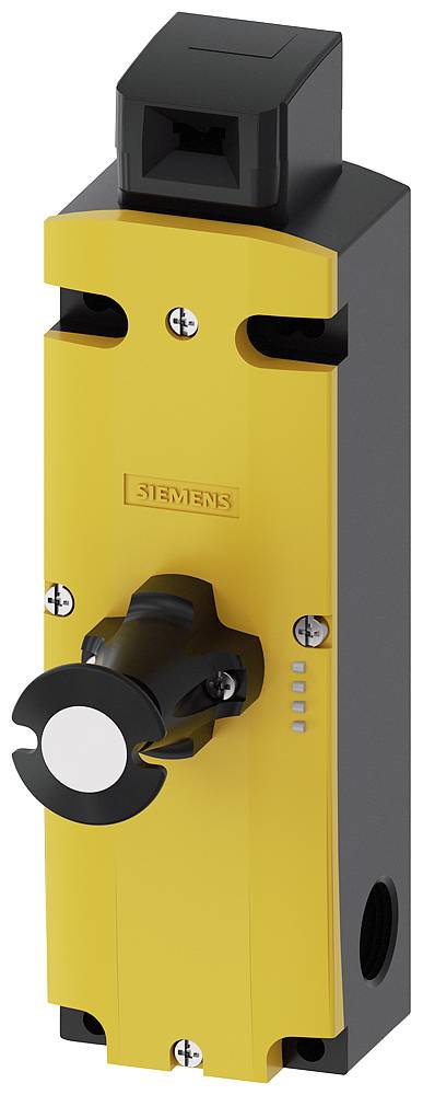 Gelbes Sicherheitsschaltgerät mit Drehgriff und schwarzer Umrandung. Enthält das Siemens-Logo. Gerät zur Sicherung von Maschinen.