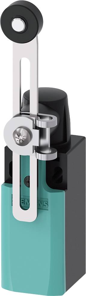 Ein türkis-schwarzer elektrischer Schalter mit Metallhebel zur Steuerung von Maschinen.