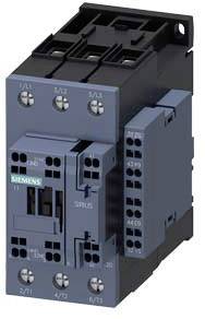 Ein blauer Elektromagnetischer Schütz von Siemens mit mehreren Anschlüssen. Ober- und Vorderseite zeigen symmetrische Anordnung.