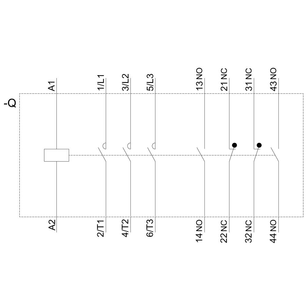 Schaltplan zeigt eine elektrische Anordnung mit A1, A2 und mehreren Anschlussstellen wie 1L1, 3L2, 2T1, 4T2, 6T3, 21NC, 43NO.
