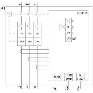 Schaltplan mit Schutzrelais und Verdrahtung. Hauptkomponenten: ETU850-Modul, Beschriftungen für Verbindungen und Anschlüsse.