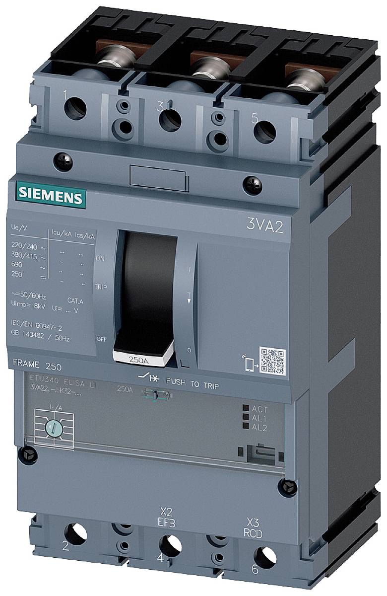 Dreipoliger Leistungsschalter von Siemens mit technischen Spezifikationen auf der Oberfläche, geeignet für industrielle Anwendungen.