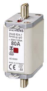 Sichere NH-Sicherung von Siemens, Typ 3NA6 824-7, 80A, 500V/120kA, mit CE-Kennzeichnung. Hergestellt in Deutschland.