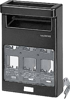 Schwarzer Siemens Verteilerkasten mit transparentem Fenster, durch das interne Komponenten sichtbar sind. Enthält slots für Sicherungen.