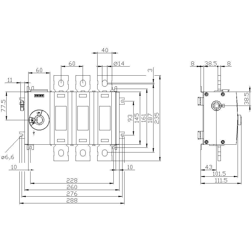 Technische Zeichnung eines elektrischen Schalters mit Abmessungen und Front-, Seitenansicht. Enthält Maße und mechanische Details.