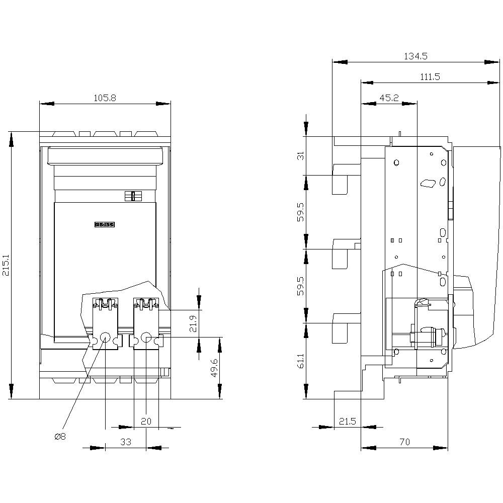 Technische Zeichnung eines Geräts mit Maßangaben in Millimetern. Vorder- und Seitenansicht zeigen detaillierte Abmessungen und Struktur.