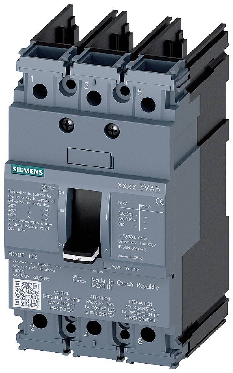 Siemens Leistungsschalter 3VA mit Kippschalter, geeignet für Schutz und Steuerung in elektrischen Anlagen, hergestellt in der Tschechischen Republik.