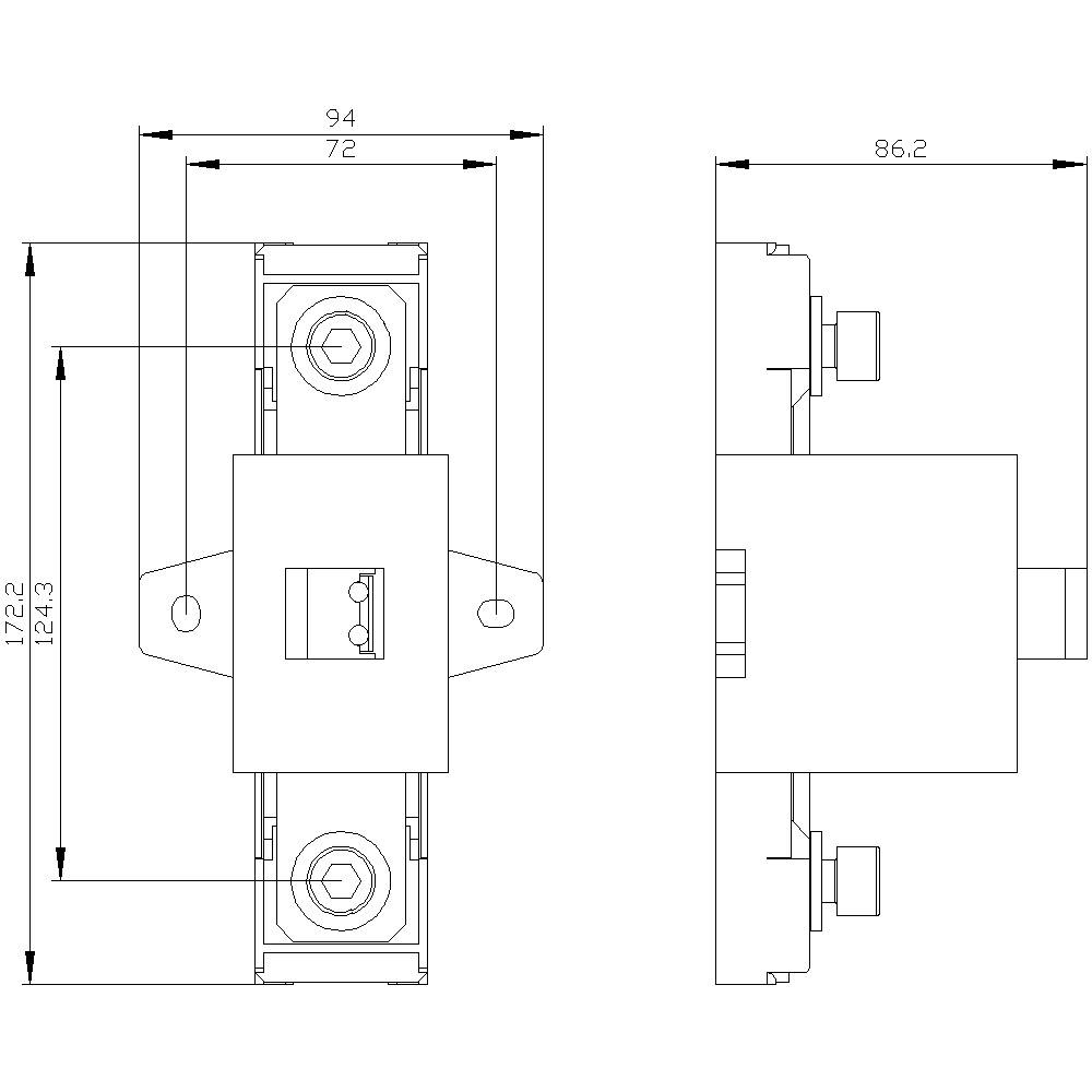 Zeichnung eines elektronischen Bauteils mit Abmessungen: Breite 94 mm, Länge 172 mm, seitlich 86,2 mm. Draufsicht und Seitenansicht.