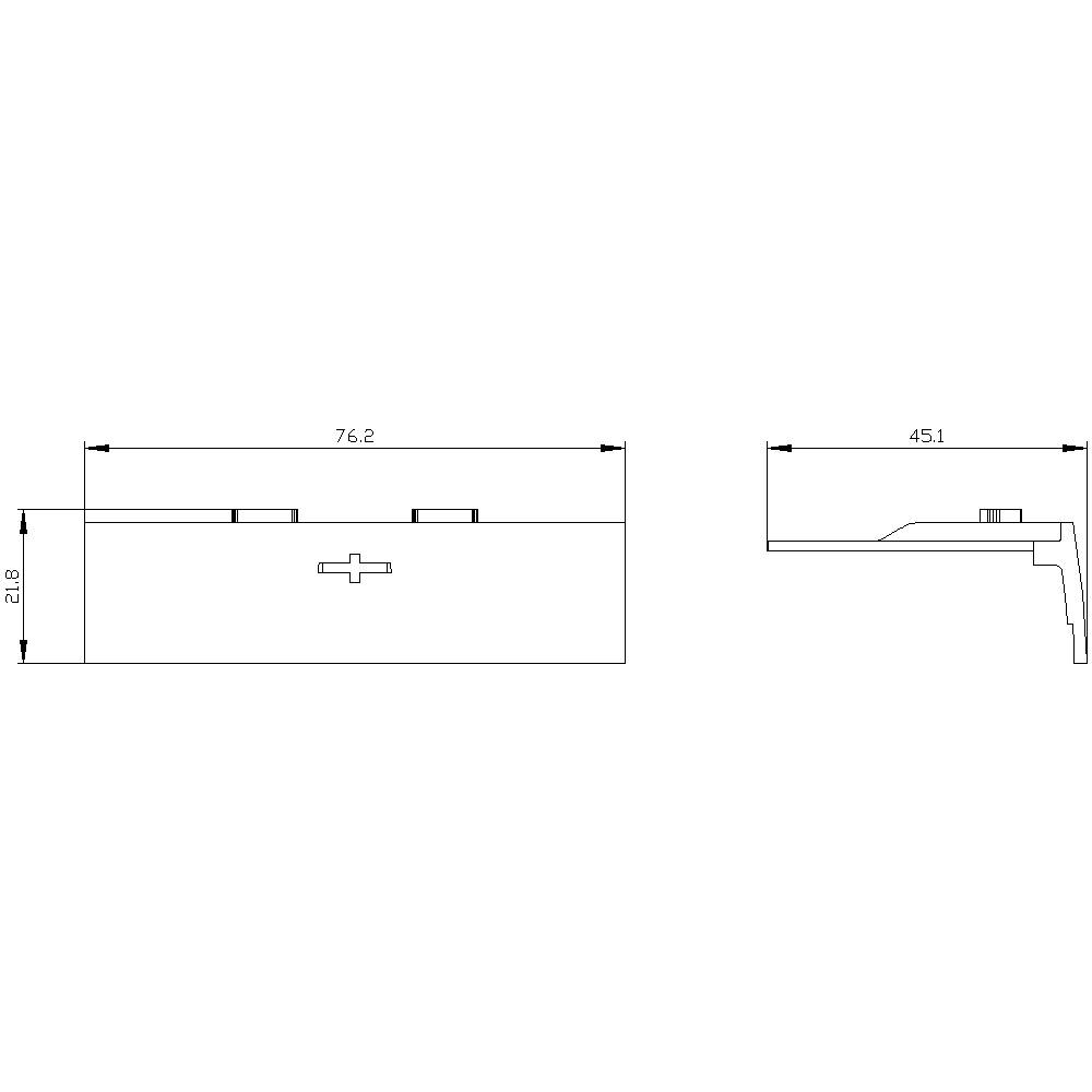 Technische Zeichnung eines Bauteils mit Maßen: Länge 76,2, Höhe 21,8, Tiefe 45,1. Ansicht von oben und Seite, zeigt Befestigungspunkte.