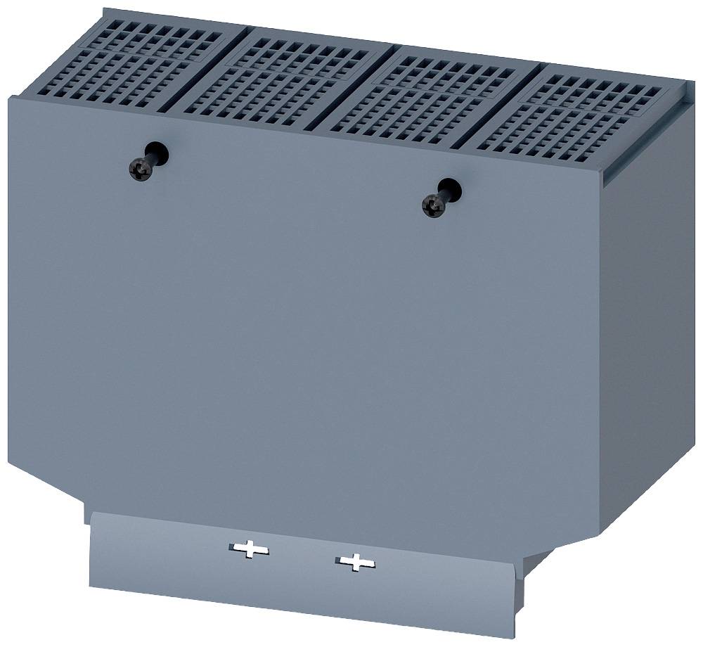 Graues elektronisches Gehäuse mit Lüftungsschlitzen und zwei Befestigungsschrauben vorne. Geeignet für DIN-Schienenmontage.