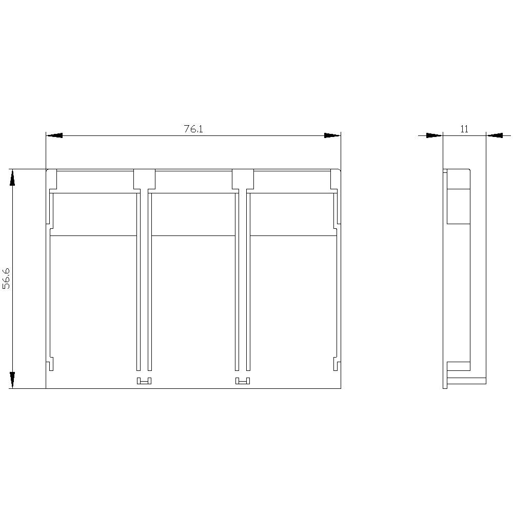 Technische Zeichnung eines dreiteiligen Mülltrennsystems mit den Maßen 76,1 cm Breite, 11 cm Tiefe und 58,6 cm Höhe.