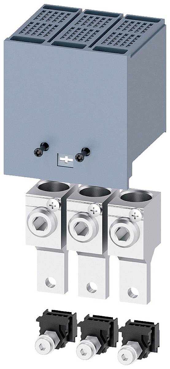 Ein elektrisches Modul mit drei Steckverbindern, drei Metallanschlüssen und drei schwarzen Clips darunter, in einem technischen Kontext.