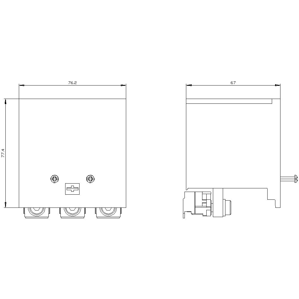 Technische Zeichnung eines rechteckigen Gehäuses mit Maßen 76,2 mm x 72,4 mm. Seitenansicht zeigt Tiefe von 67 mm.