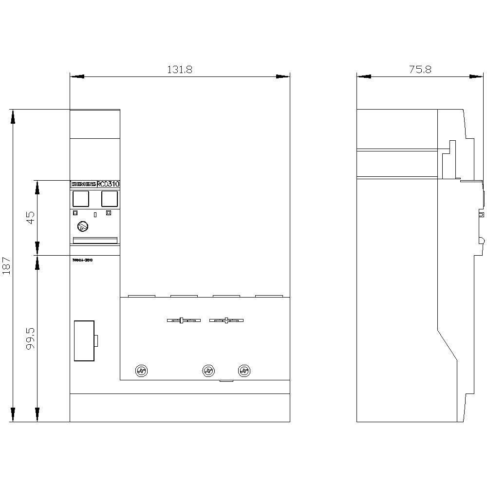 Front- und Seitenansicht einer technischen Zeichnung eines elektronischen Geräts mit Abmessungen: Breite 131,8 mm, Höhe 187 mm, Tiefe 75,8 mm.